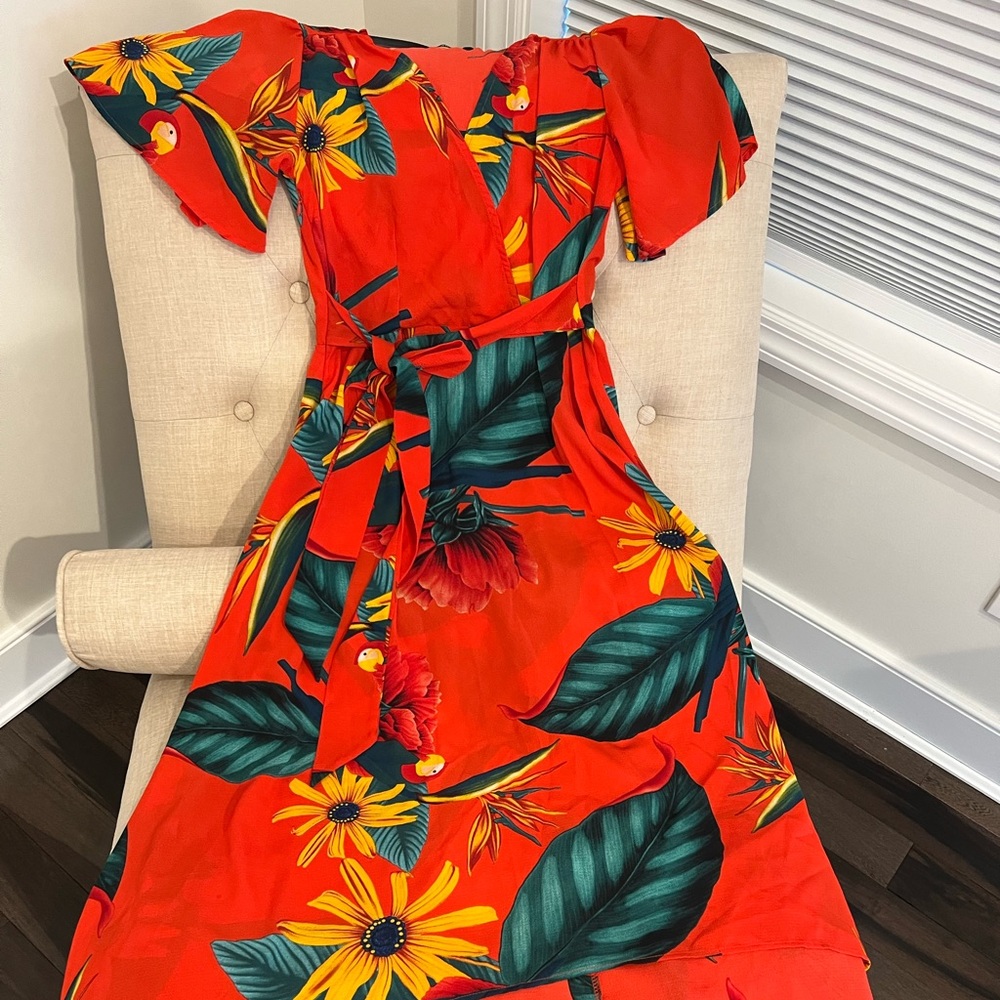 Orange peacock leaves hi- low dress